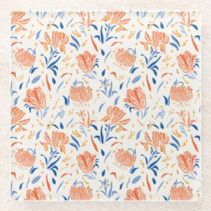 Botany linocut baroque: floral seamless background glass coaster