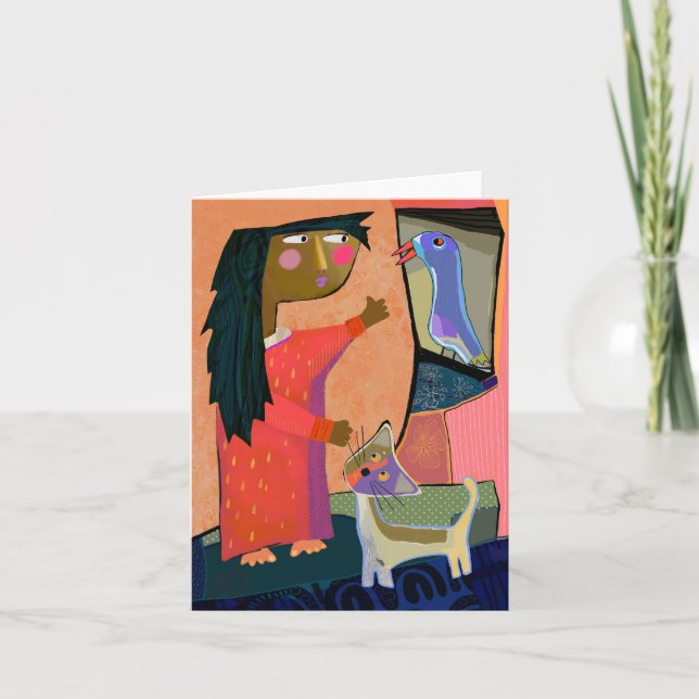 Botello's Girl, Cat, and Bird BLANK Greeting Card (Front)
