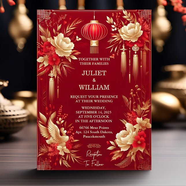 Both Asian Modern Floral Chinese Bilingual Wedding Invitation (Creator Uploaded)