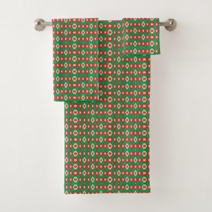 Both with a festive red, green, and white diamond  bath towel set