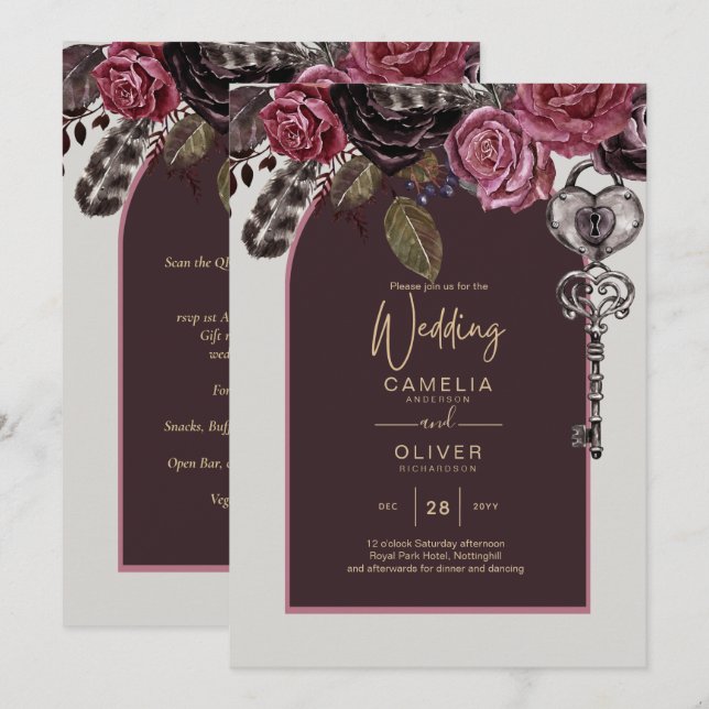 BOTHIC ROSE Burgundy Fall Wedding Invitation (Front/Back)