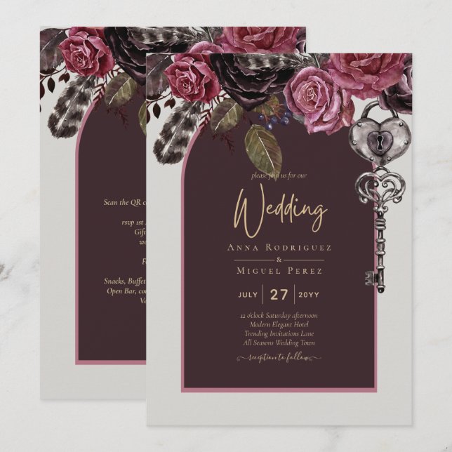 BOTHIC ROSE Burgundy Fall Wedding Invitation (Front/Back)