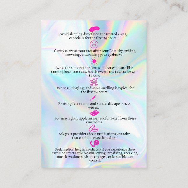 Botox Aftercare Faux Holograph Instruction Business Card (Back)
