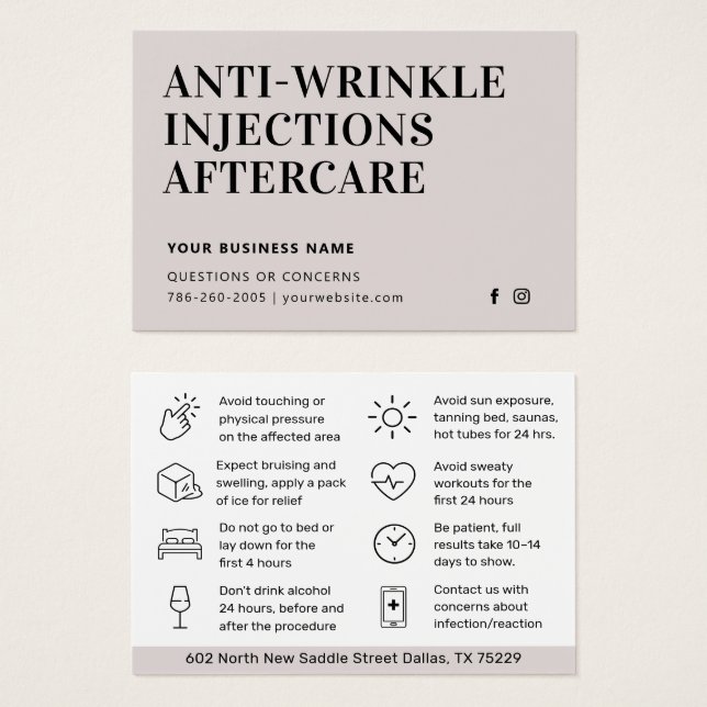 Botox Anti Wrinkle Injections Lux Aftercare Card (Front & Back)