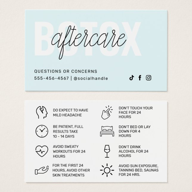 Botox Filler Injection Aftercare Instruction Card (Front & Back)