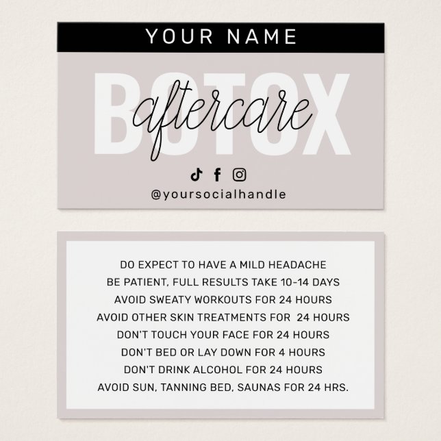 Botox Filler Injection Aftercare Instruction Card (Front & Back)