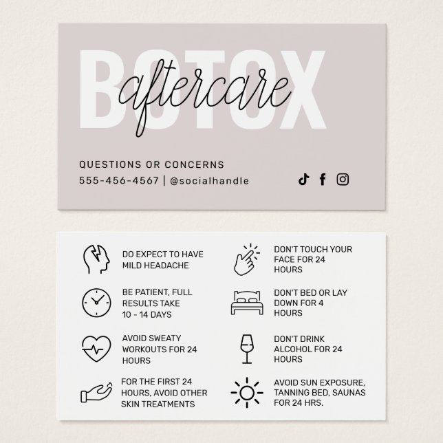Botox Filler Injection Aftercare Instruction Card (Front & Back)