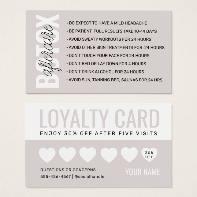 Botox Filler Injection Aftercare Instruction Card (Front & Back)