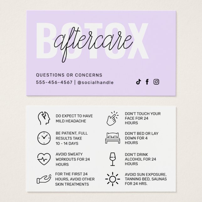 Botox Filler Injection Aftercare Instruction Card (Front & Back)