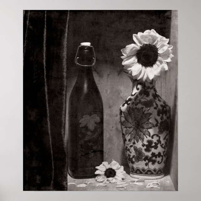 Bottle and Flower Vase in Black and White Poster (Front)