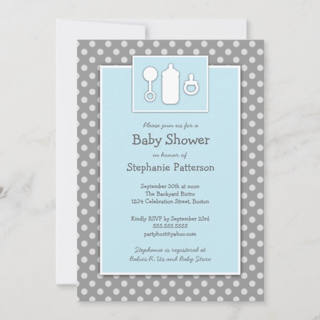Bottle Binky Rattle Baby Shower Blue & Grey Invitation (Front)