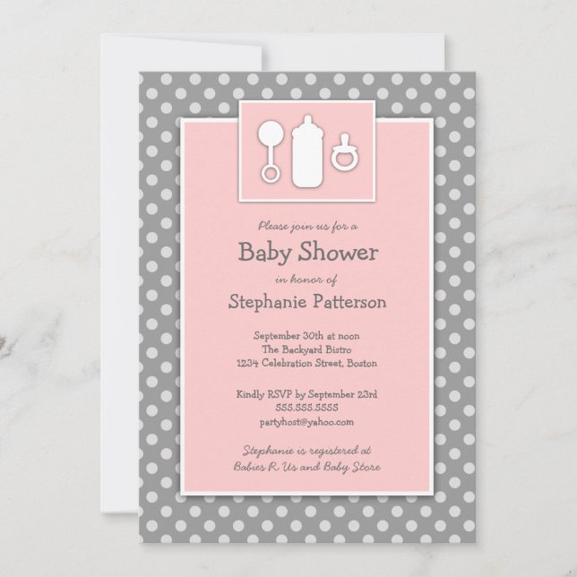 Bottle Binky Rattle Baby Shower Pink & Grey Invitation (Front)