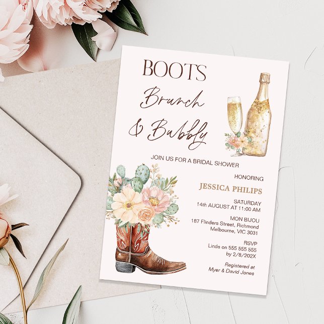 Bottle Blush Boots Brunch Bubbly Bridal Shower Invitation (Boots Brunch and Bubbly Bridal Shower invitation Template, Cactus Floral Cowboy Boots Bridal Shower )