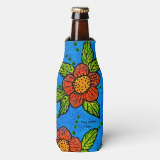 Bottle Cooler handpainted red flowers on turquoise