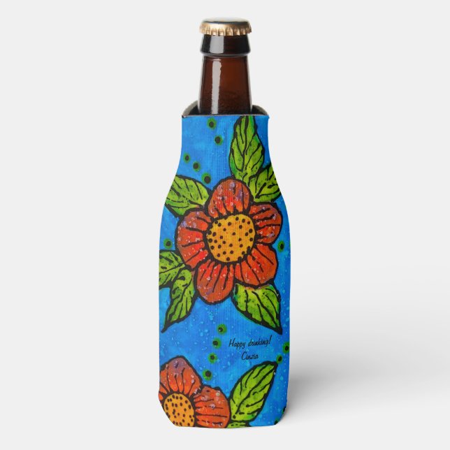 Bottle Cooler handpainted red flowers on turquoise (Bottle Front)