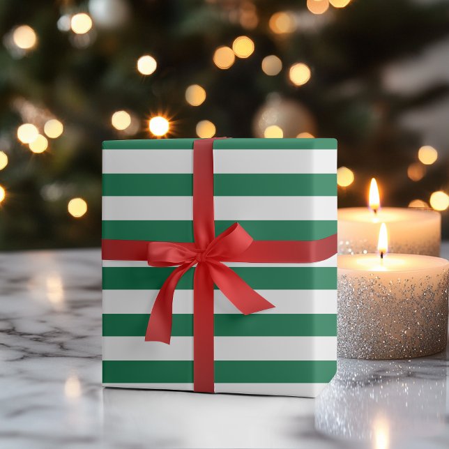 Bottle Green and White Wide Horizontal Striped Wrapping Paper (Creator Uploaded)