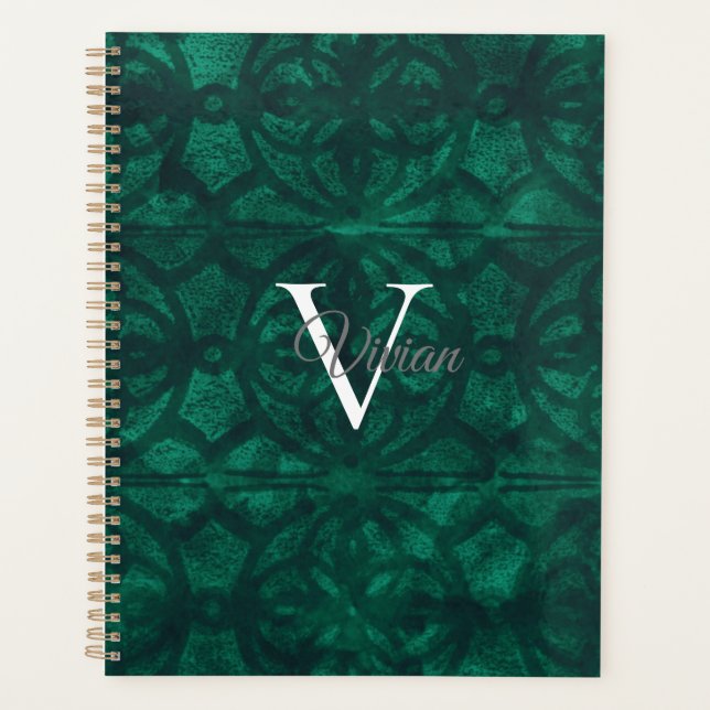 Bottle Green Batik Elegant Monogram Name Planner (Front)
