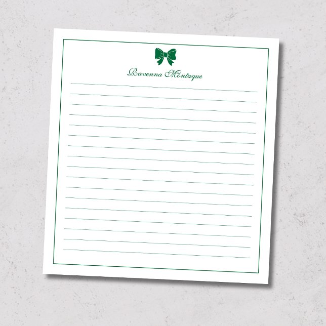 Bottle Green Bow Border Custom Name Lined Notepad (Creator Uploaded)