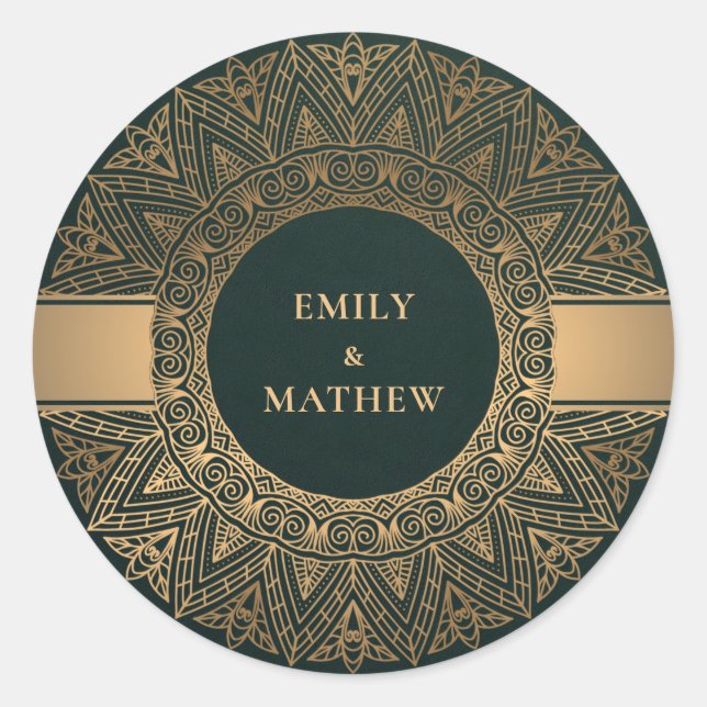 BOTTLE GREEN GOLD CLASSIC ORNATE MANDALA WEDDING CLASSIC ROUND STICKER (Front)