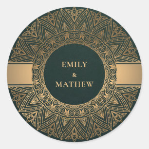 BOTTLE GREEN GOLD CLASSIC ORNATE MANDALA WEDDING ROUND STICKER