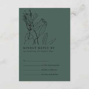 BOTTLE GREEN LINE DRAWING FLORAL WEDDING RSVP ENCLOSURE CARD