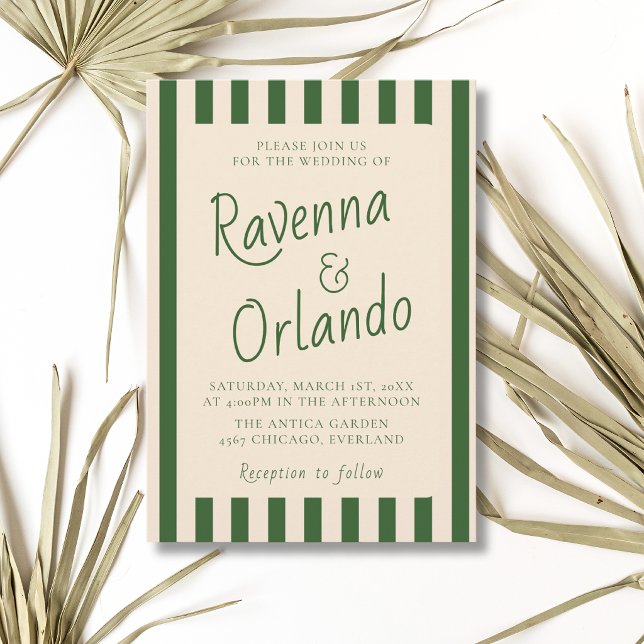 Bottle Green Stripes Retro Minimalist Wedding Invitation (Creator Uploaded)