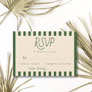 Bottle Green Stripes Retro Minimalist Wedding RSVP Card