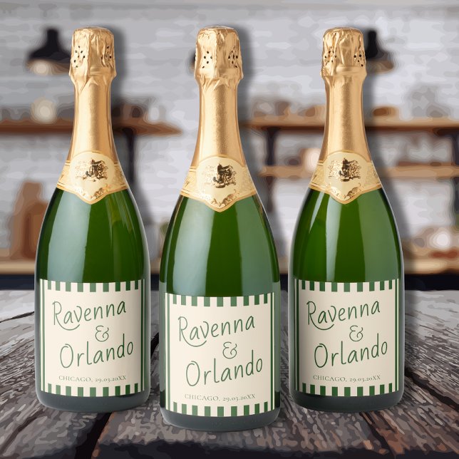 Bottle Green Stripes Retro Minimalist Wedding Sparkling Wine Label (Creator Uploaded)