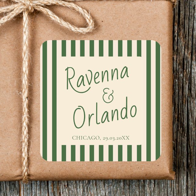 Bottle Green Stripes Retro Minimalist Wedding Square Sticker (Creator Uploaded)