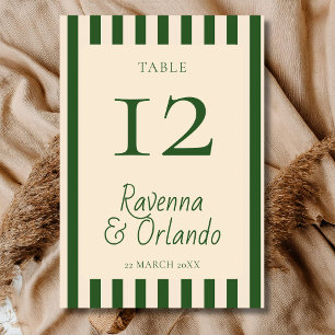 Bottle Green Stripes Retro Minimalist Wedding Table Number