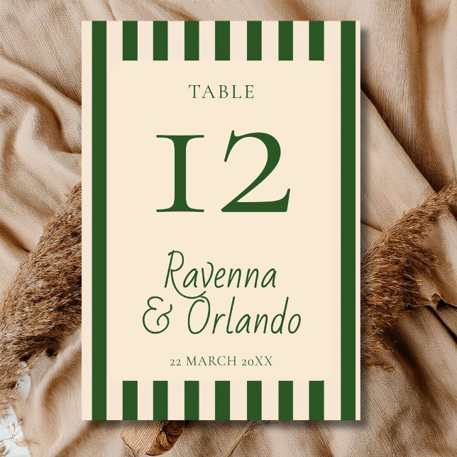 Bottle Green Stripes Retro Minimalist Wedding Table Number (Creator Uploaded)