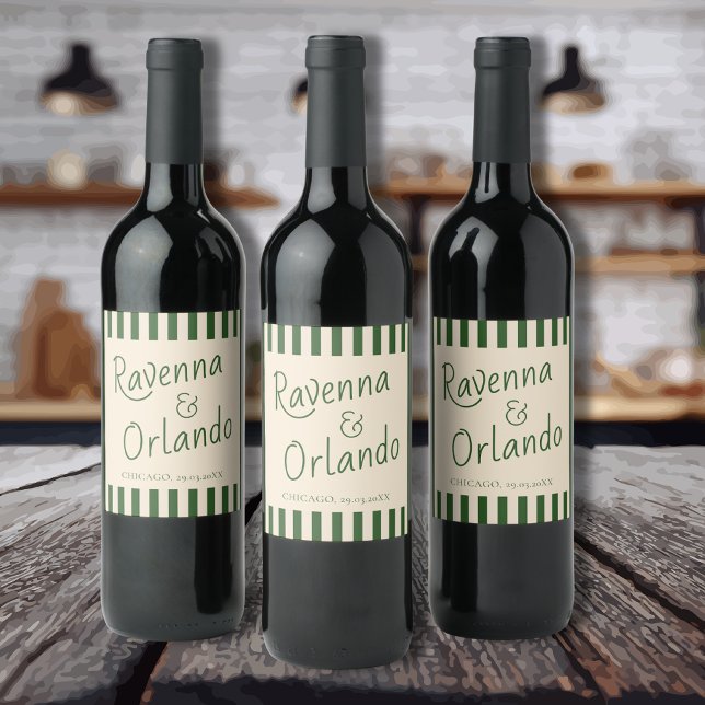 Bottle Green Stripes Retro Minimalist Wedding Wine Label (Creator Uploaded)