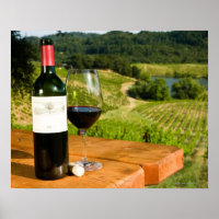 Bottle of red wine and glass on table