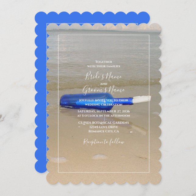 Bottle On Beach Sand Wedding Invitation (Front/Back)
