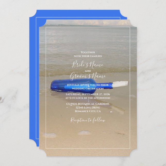 Bottle On Beach Sand Wedding Invitation (Front/Back)