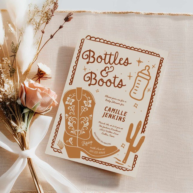 Bottles and Boots Hand Drawn Baby Shower Invitation (Bottles and boots Baby Shower Invite)