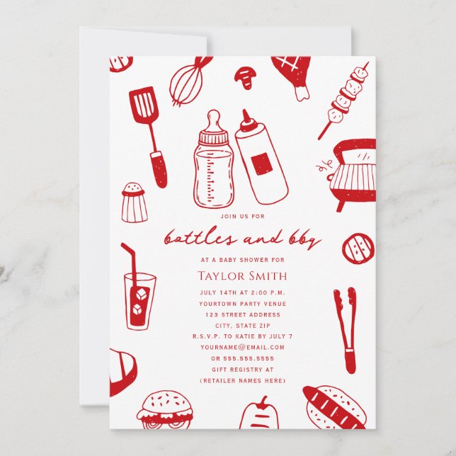 Bottles & BBQ Neutral Red Baby Shower Invitation (Front)