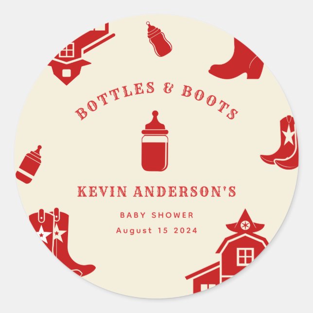 Bottles & Boots Cowboy Retro Red Baby Shower Classic Round Sticker (Front)
