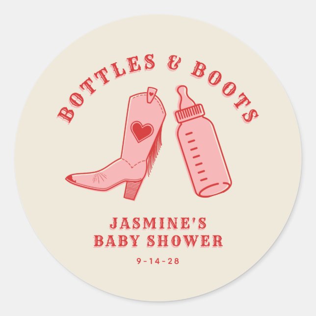 Bottles & Boots Cowgirl Western Pink Baby Shower Classic Round Sticker (Front)