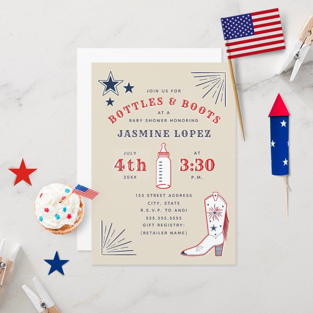 Bottles & Boots Red White Blue Cowboy Baby Shower Invitation (Creator Uploaded)