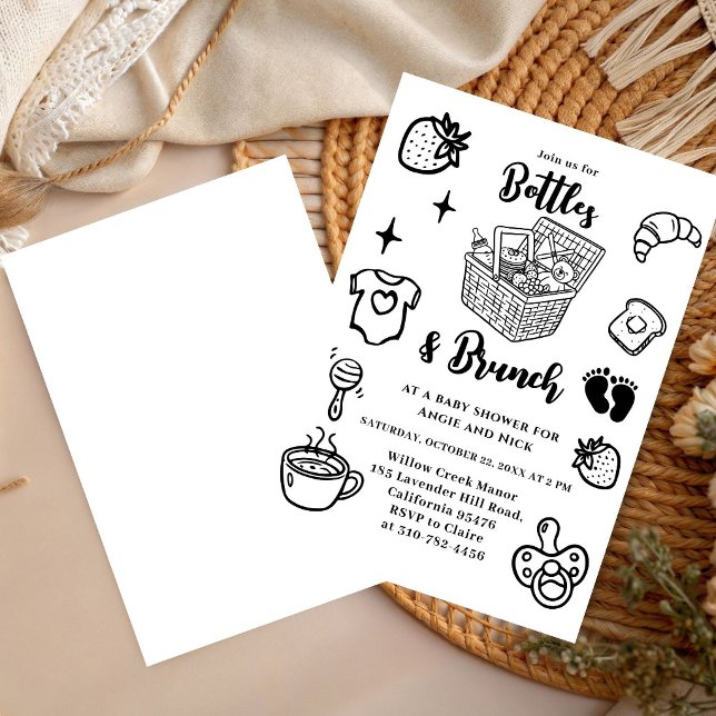 Bottles & Brunch Doodle Black Boy Baby Shower  Invitation (Creator Uploaded)