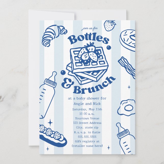 Bottles & Brunch Doodle Blue Boy Baby Shower Invitation (Front)