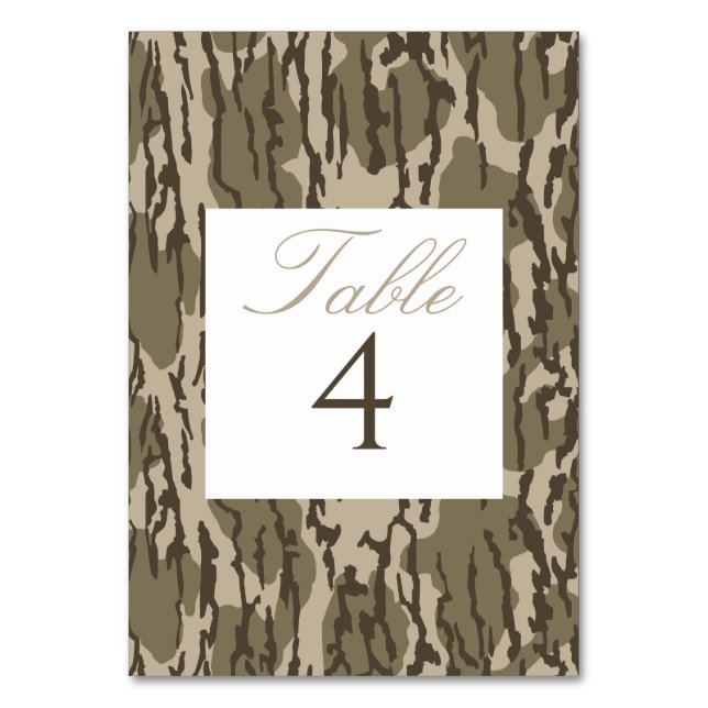 Bottom Lands Camo Hunting Themed Wedding Table Number (Front)