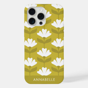 Bottom Monogram Name Green & White Vintage Flowers iPhone 15 Pro Max Case