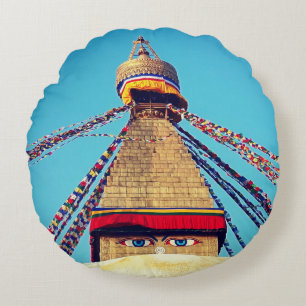 Boudhanath Stupa, Buddha Eyes, Himalayas, Nepal Round Cushion