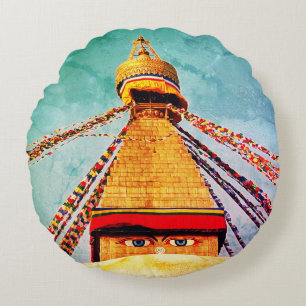 Boudhanath Stupa, Vintage Buddha, Himalayas, Nepal Round Cushion