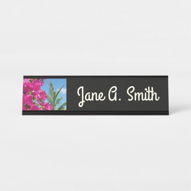 Bougainvillea and Palm Tree Tropical Nature Scene Desk Name Plate (Front)