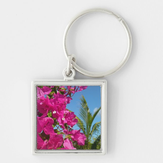 Bougainvillea and Palm Tree Tropical Nature Scene Key Ring (Front)