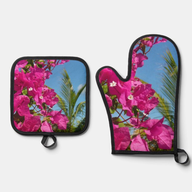 Bougainvillea and Palm Tree Tropical Nature Scene Oven Mitt & Pot Holder Set (Front)