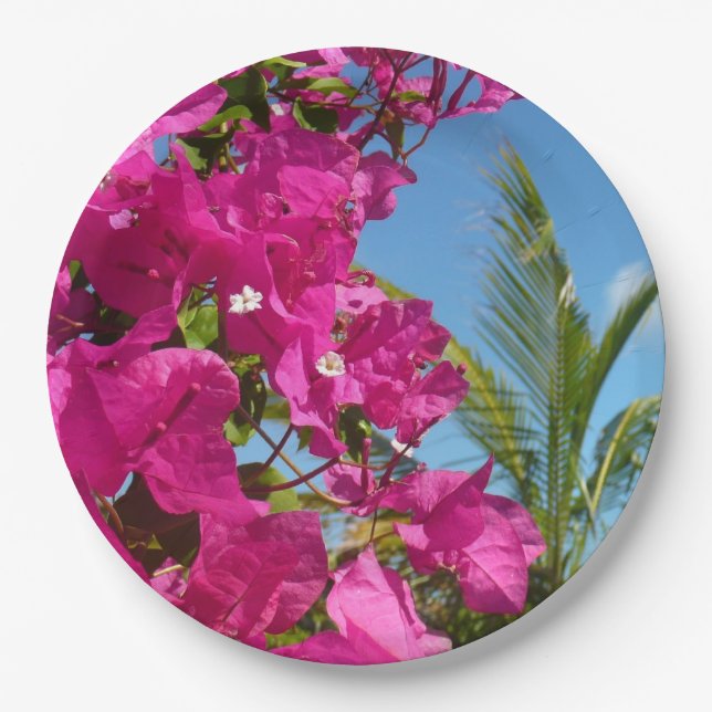 Bougainvillea and Palm Tree Tropical Nature Scene Paper Plate (Front)